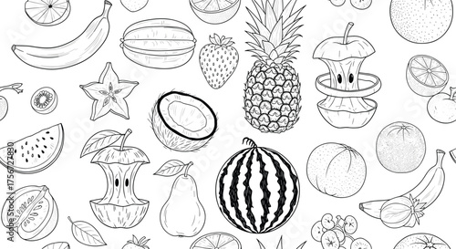 A collection of various hand-drawn fruits on a white background.