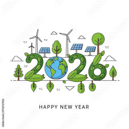 Celebrate a green and sustainable 2026 with eco-friendly energy sources like wind and solar power, embracing environmental responsibility for a brighter future