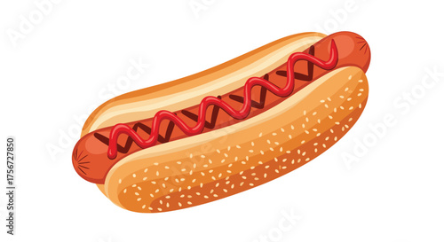 Delicious grilled hot dog with ketchup in a sesame seed bun.