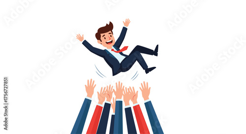 A successful businessman is thrown up in the air by his cheering colleagues