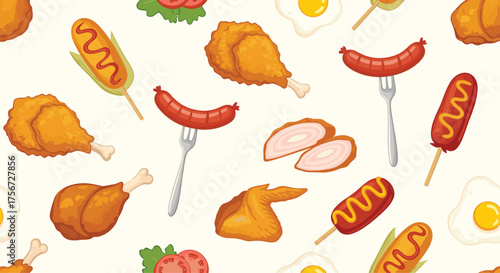 A delicious assortment of fried chicken sausages and fried eggs.