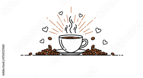 A steaming cup of coffee surrounded by roasted beans and hearts.