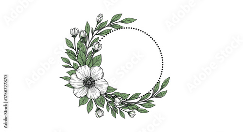 A delicate floral wreath with a circular dotted border for elegant designs.