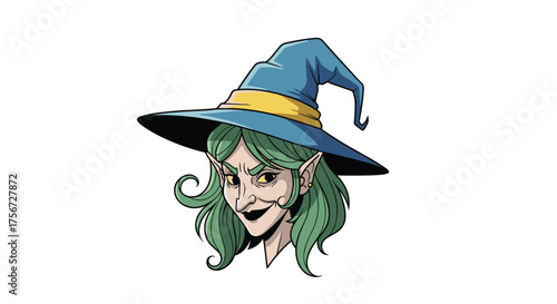 A cartoon witch with green hair and a blue hat wearing a sinister grin.