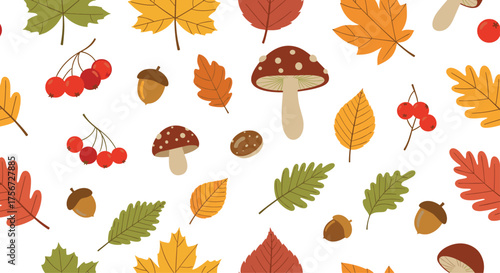A vibrant collection of autumn leaves mushrooms and berries.