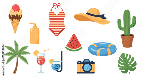 A vibrant collection of summer vacation essentials and beach activities for relaxation and fun.
