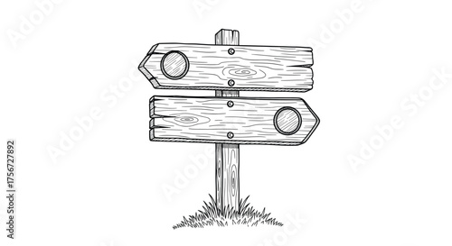 A wooden directional signpost stands tall in a field with two signs pointing in opposite directions.