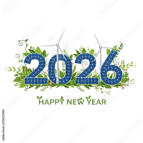 Celebrate a sustainable 2026 with this vibrant design featuring solar panels, wind turbines, and lush greenery for a fresh, eco-friendly new year!