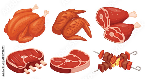 Collection of delicious raw and cooked meats for barbecue and grilling occasions.