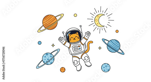 A cute cat astronaut exploring the universe among planets and stars.