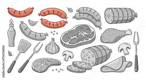 A diverse collection of grilled meats and sausages for a barbecue feast.