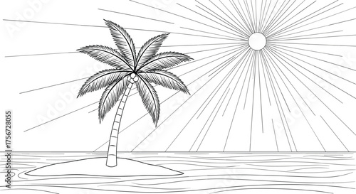 A solitary palm tree stands on a small island under a bright sun.