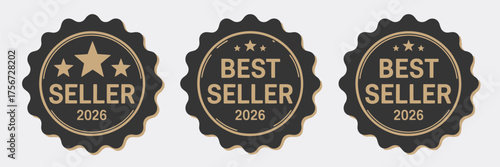 Best Seller 2026 Badge Icon Set,  Flat vector collection of award labels, bestseller stickers, and promotional badges perfect for marketing, advertising, web design, and e-commerce graphics.