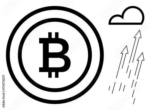 Bitcoin symbol inside a circle, rising arrows, and a cloud. Ideal for blockchain, finance, cryptocurrency, investment, market growth digital economy fintech themes. Simple flat metaphor