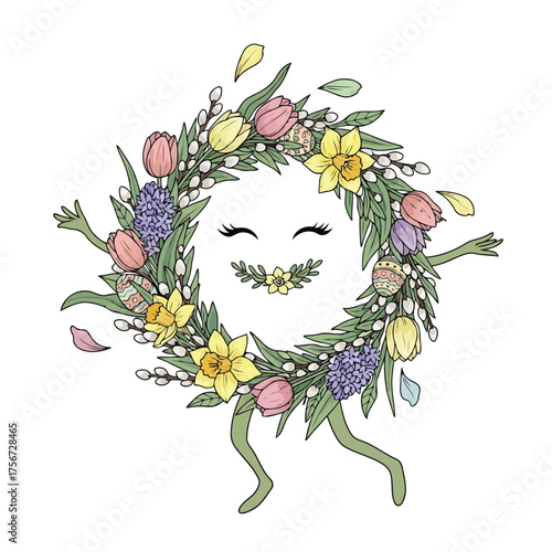 Vector art of anthropomorphic easter wreath with a smiling face, arms, and legs, decorated with spring flowers and eggs