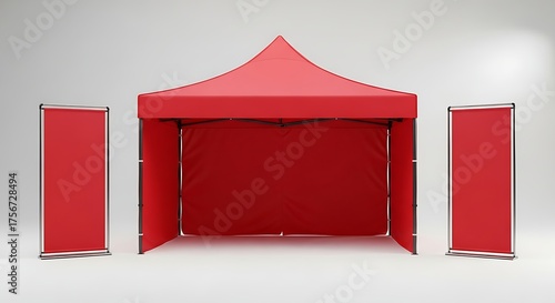 Professional Red Exhibition Stall Mockup with Pop-Up Canopy Tent and Two Blank Roll-Up Banners.