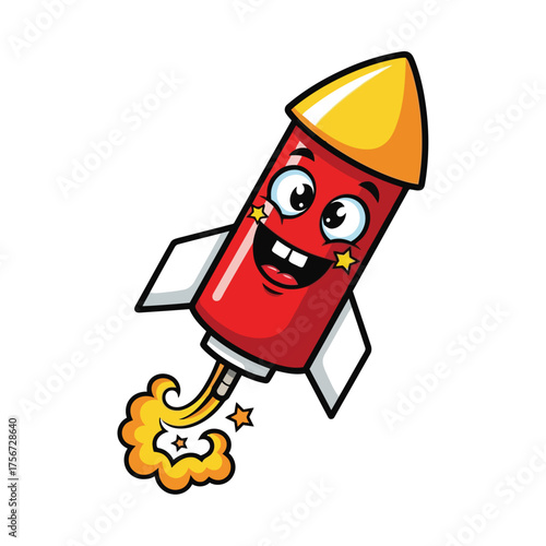 Vector art of cute cartoon rocket with a happy face, stars, and smoke trail, launching upwards