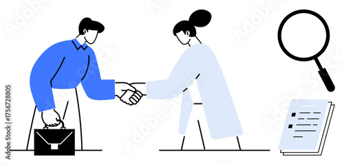 Two people shaking hands, magnifying glass, document. Ideal for business deals, partnership, job interview, recruitment, negotiation success networking. Simple flat metaphor