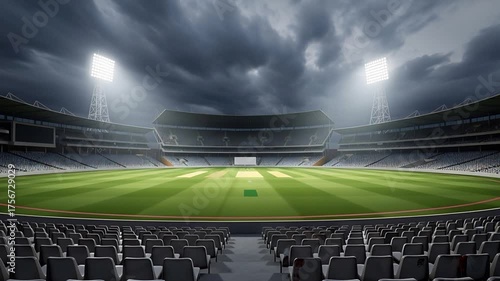 Empty Cricket Stadium with Floodlights Under a Dramatic Cloudy Sky