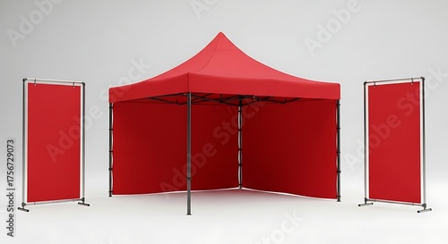 Red Pop-Up Tent and Display Stands on White Background, Studio Shot.