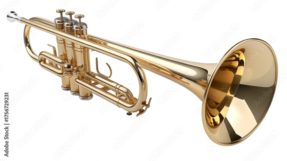 Obraz premium A shiny golden trumpet musical instrument, isolated on a transparent background, showcasing its intricate valves and bell, ready for performance