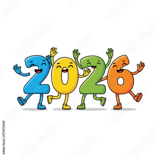 Vector art of colorful cartoon numbers 2026 dancing and celebrating