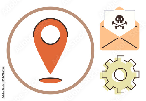 Location pin, email with skull-and-crossbones, and a gear icon. Ideal for cyber security, digital safety, malware alert, online dangers, IT risk tech support and hacking prevention. Simple flat