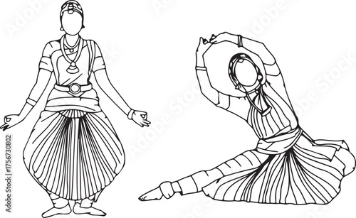 dance illustration, traditional art, cultural vector, performing artist, graceful posture, rhythmic motion, classical dance, ethnic costume, expressive movement, elegant style