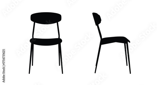 Two modern chairs shown from front and side view silhouette isolated on white background