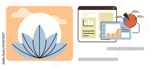 Blue lotus with sunlight representing harmony and tabs with charts for data analysis. Ideal for growth, balance, business strategy, mindfulness, ecology, sustainability, awareness. Simple flat