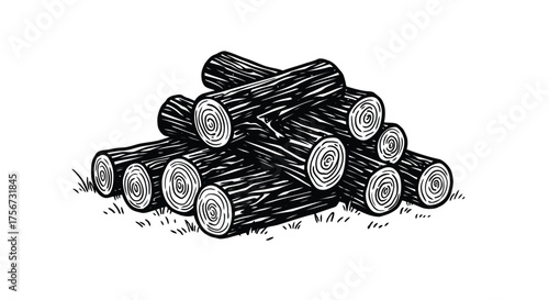 Pile of firewood logs in silhouette isolated on white background