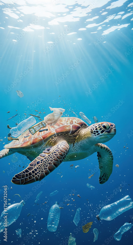 Obraz premium Sea turtle swimming underwater surrounded by plastic pollution, sunlight streaming through blue water, highlighting environmental impact and marine conservation urgency