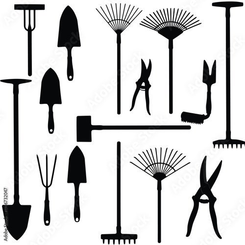Collection of garden tools silhouette isolated on white background