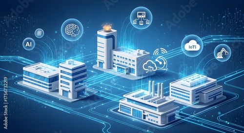 Digital Smart City network connecting corporate buildings and factories with integrated technology infrastructure