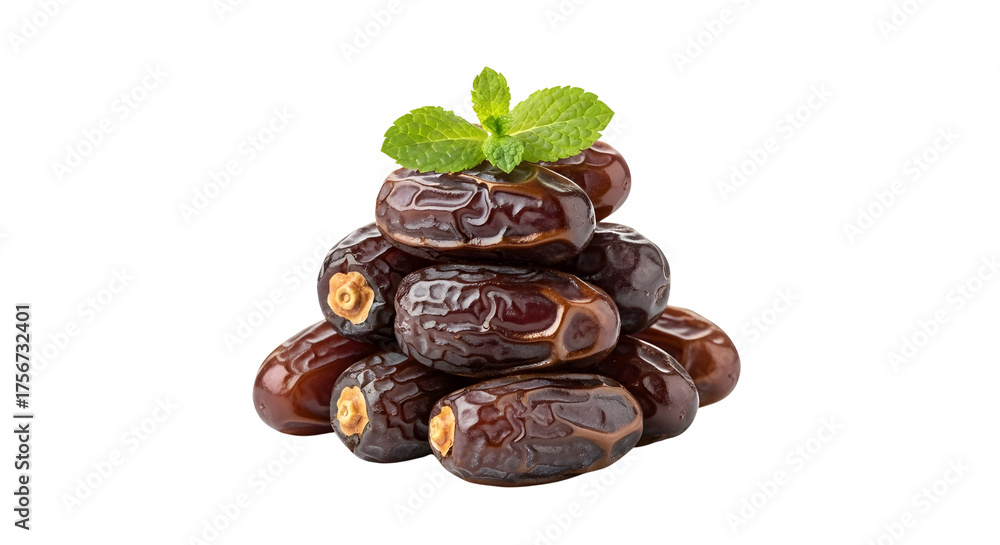 Obraz premium Stack of Dried Dates with Fresh Mint Leaves isolated PNG with Transparent Background