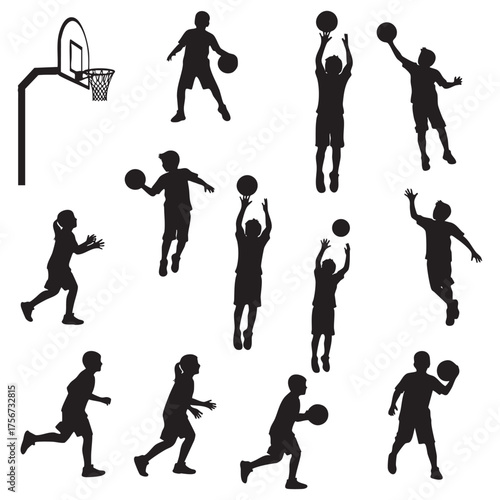 Set of Children Playing Basketball Silhouettes - Kids Sport Activity Vector Collection