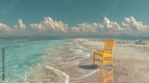 Yellow chair on sandy beach with waves high resolution image