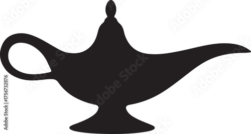 Arabic Genie Lamp Black Silhouette Vector, Magic Aladdin Lamp Art & Oriental Design