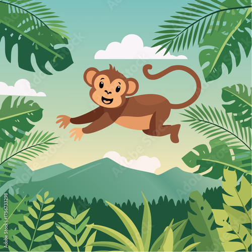 Monkeys leap through lush rainforest branches.