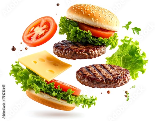Delicious 3d Burger Ingredients Flying And Falling Together