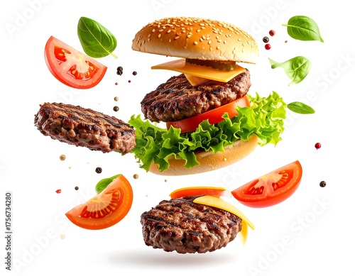 Exploding 3D Burger Deliciousness Unleashed Fresh Ingredients Flying High