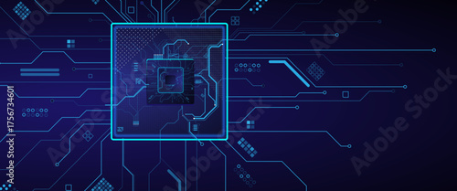 CPU with Light Glowing Neon Frame on Circuit Board. Abstract digital or semiconductor with circuit board wires and electronics components.