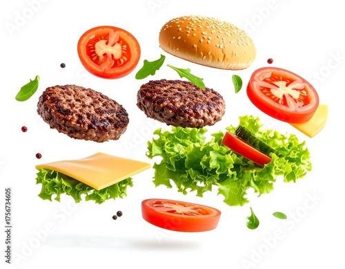 Delicious Burger Ingredients Flying in a Whimsical 3D Composition