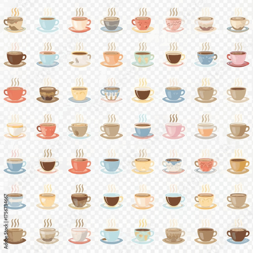 A vibrant assortment of steaming coffee cups, each with unique designs, arranged in a grid against a transparent backdrop, perfect for cafe or beverage themes.