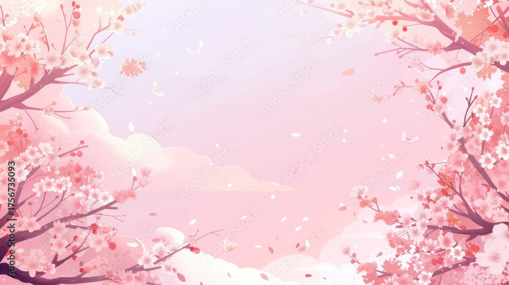 Fototapeta premium Serene spring landscape with blooming cherry blossoms, gentle clouds, and falling petals creating a tranquil atmosphere