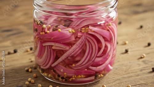 Wallpaper Mural Pickled red onions in a glass jar with spices like mustard and peppercorns visible Set on a wooden table Torontodigital.ca