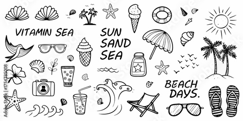 Collection of hand drawn summer beach vacation icons and phrases including sun sand sea and beach days