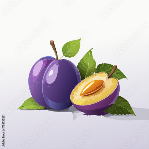 Juicy purple plums with vibrant green leaves showcase nature's sweet bounty for your healthy lifestyle designs