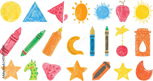 A vibrant collection of childlike drawings features various shapes, fruits, suns, crayons, and stars, perfect for creative educational or playful designs.
