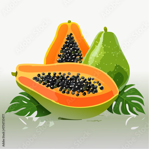 Vibrant papaya halves and whole fruit burst with tropical freshness and healthy goodness for your designs
